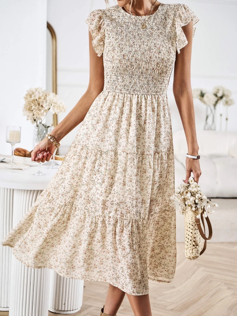 Ivory Floral Midi Dress with Ruffle Sleeves